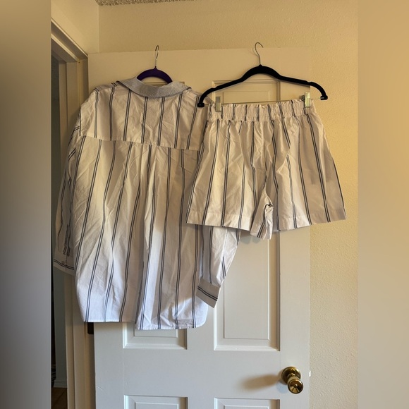 NEW Aerie Good Day Shirt & Shorts SET Boyfriend Lounge Medium Blue White NWT - Picture 5 of 10